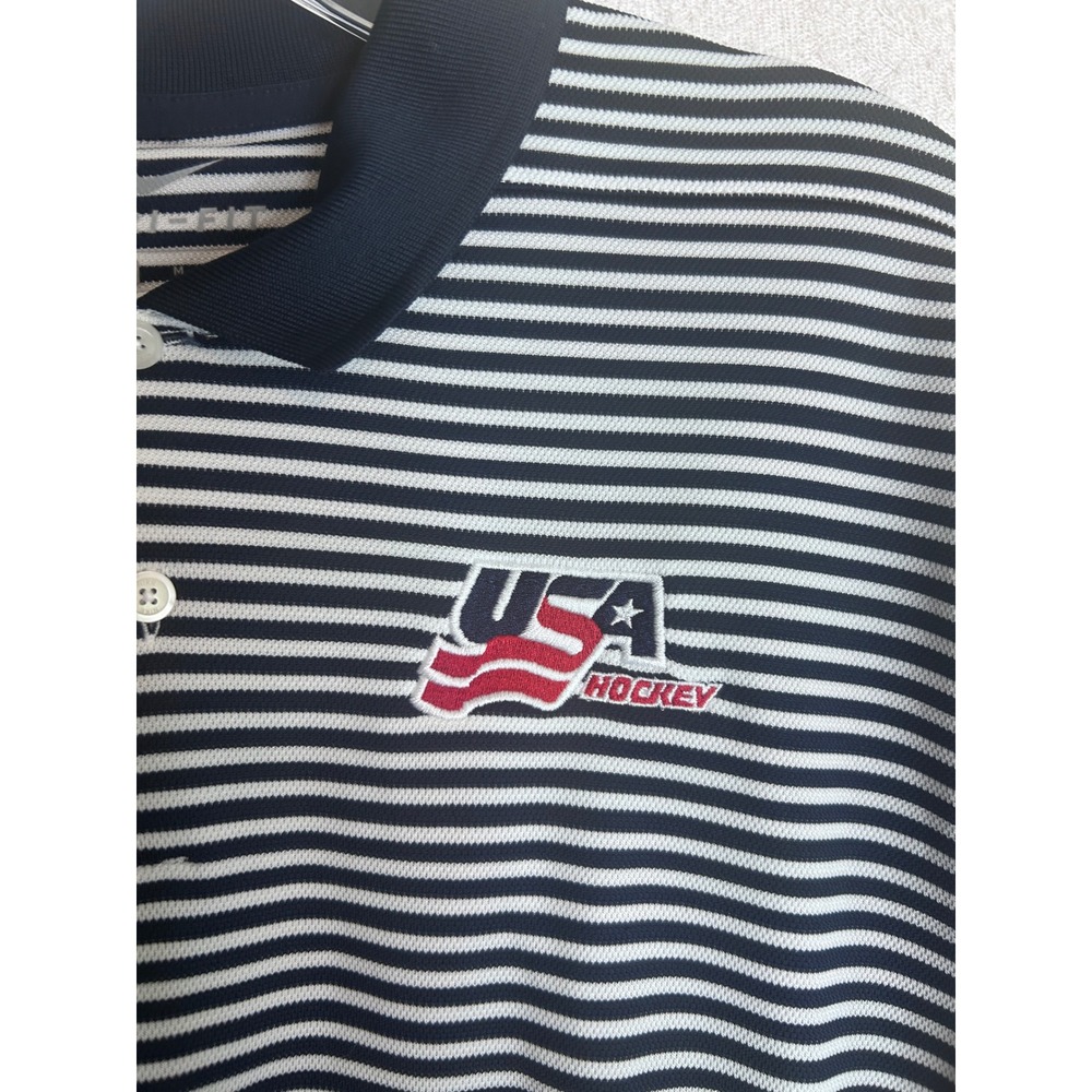 Nike Dri-FIT USA Hockey Polo Shirt Mens Medium Navy Blue White Striped Golf Tee